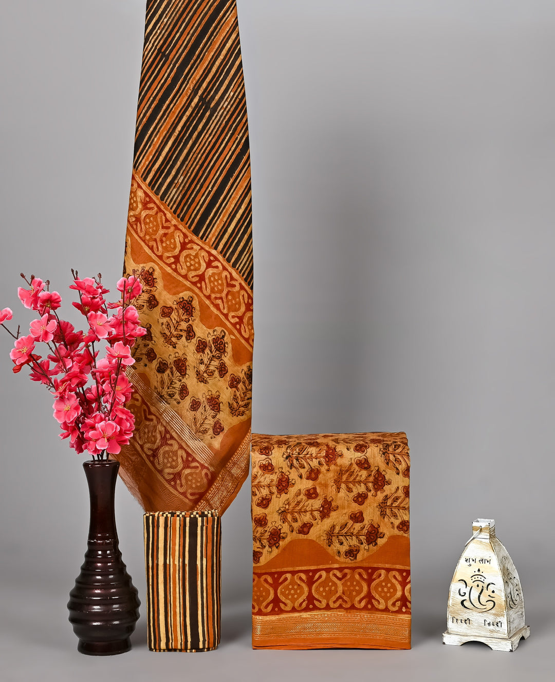 Ochre Yellow Pomegranate Peel Dyed Handblock Printed Maheshwari Silk Suit Set