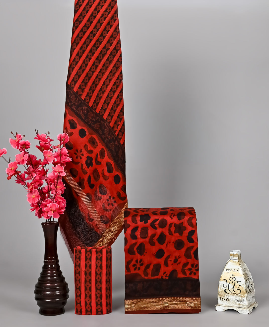 Terracotta Rust Pomegranate Peel Dyed Maheshwari Silk Handblock Printed Suit Set