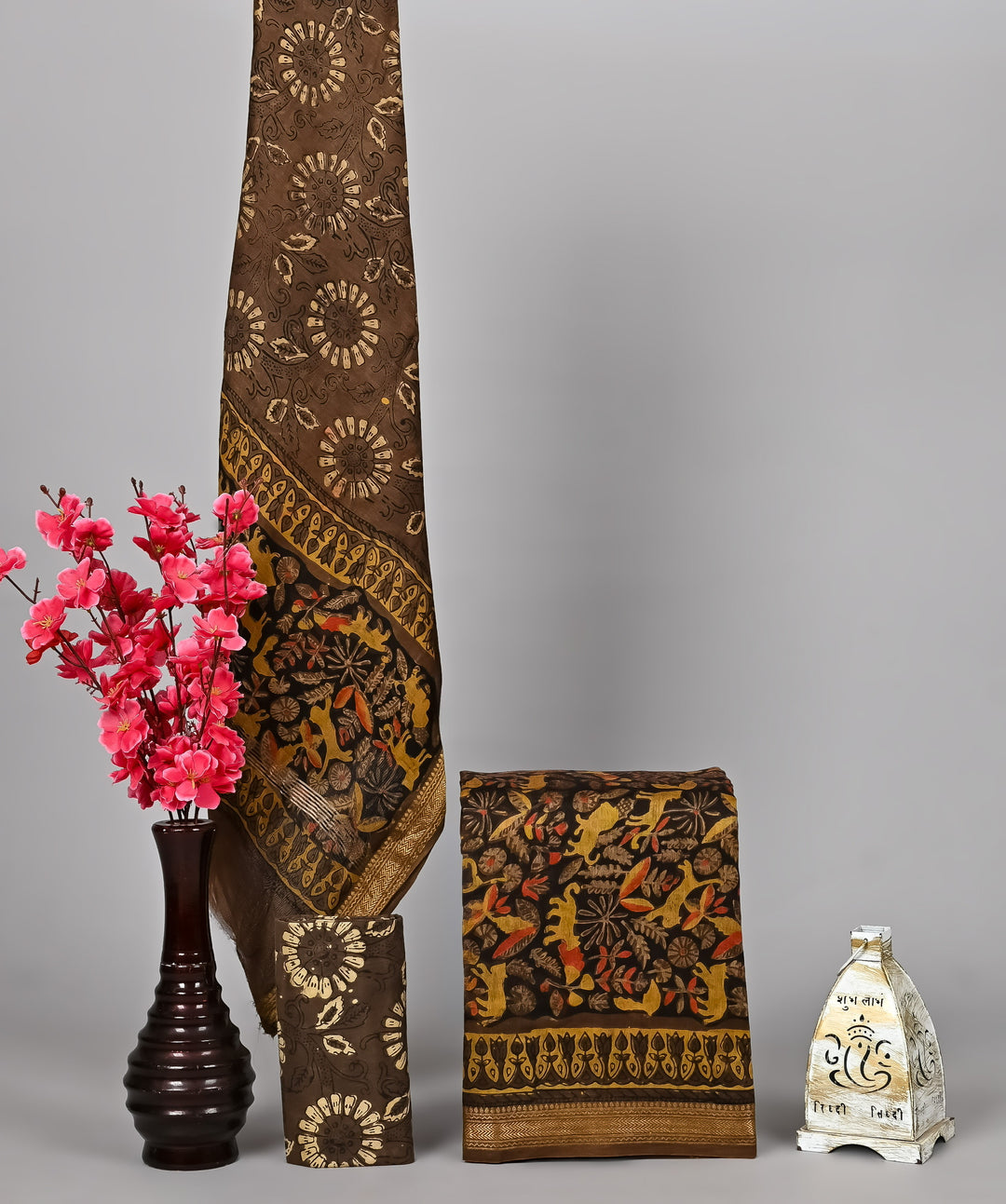 Natural Dyed Maheshwari Handblock Printed Silk Suit - Olive Brown Animal & Floral Motifs