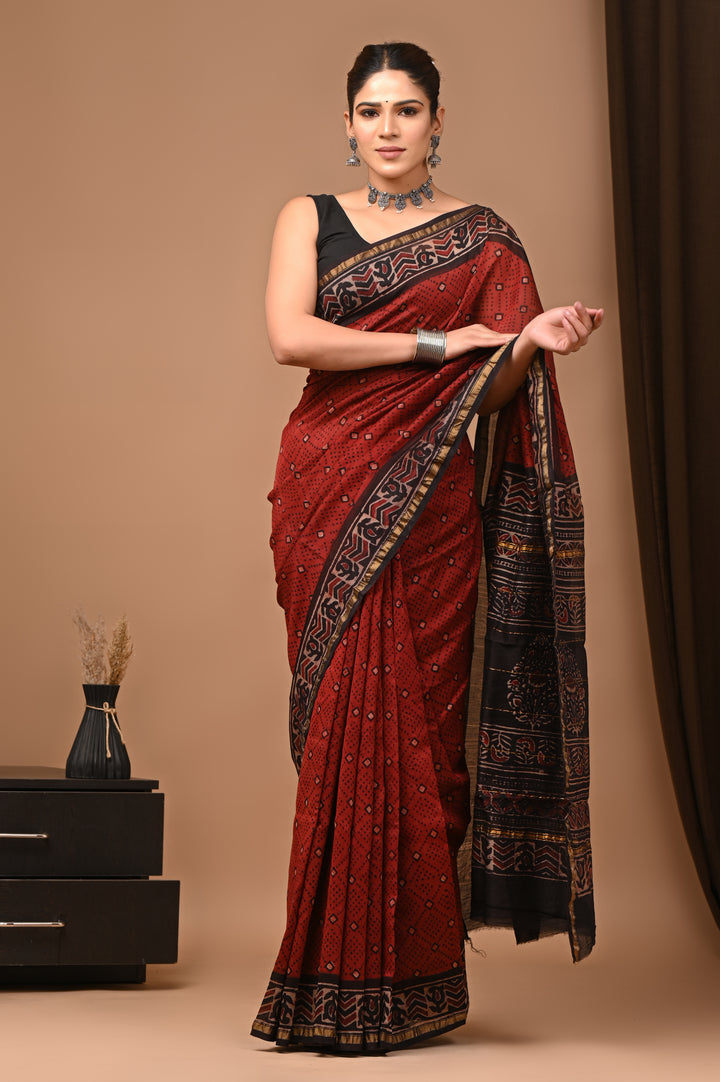 Pure Chanderi Silk Ajrakh Handblock Printed Saree in Deep Maroon & Black