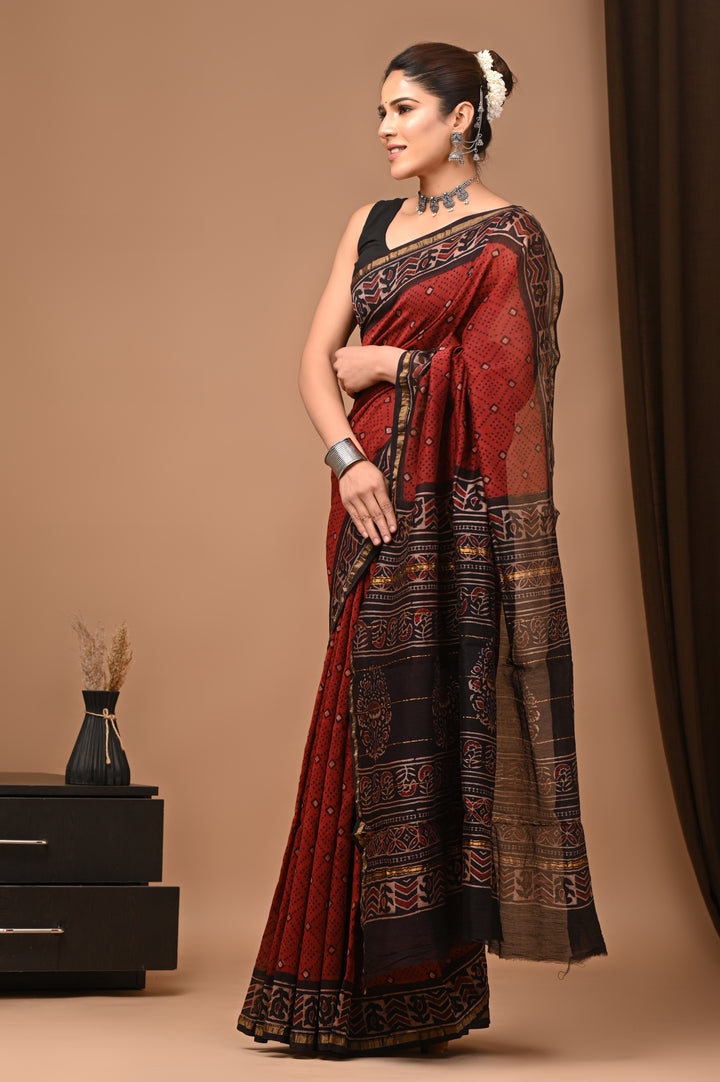 Pure Chanderi Silk Ajrakh Handblock Printed Saree in Deep Maroon & Black