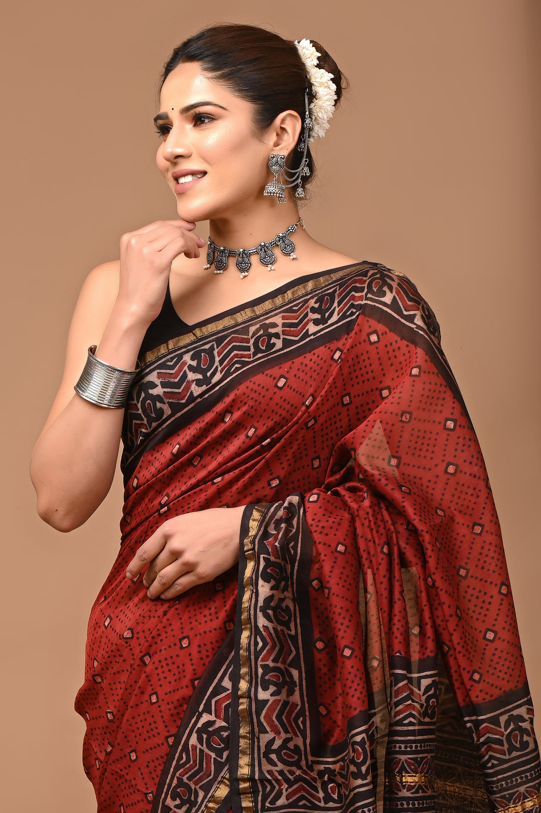 Pure Chanderi Silk Ajrakh Handblock Printed Saree in Deep Maroon & Black