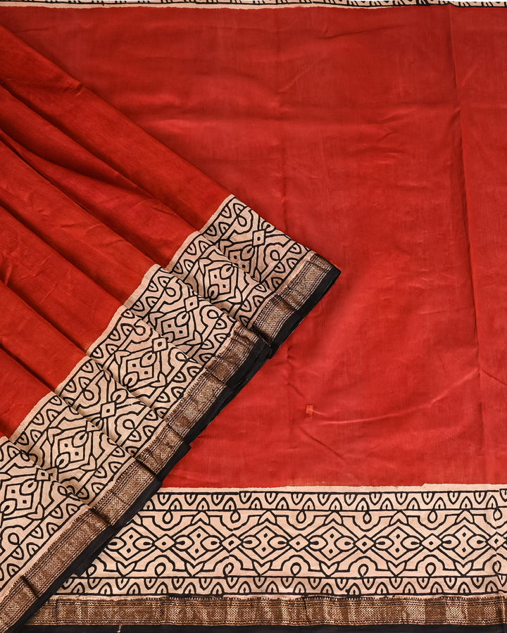 Traditional Pure Maheshwari Silk Handblock Printed Saree - Putaai red and black