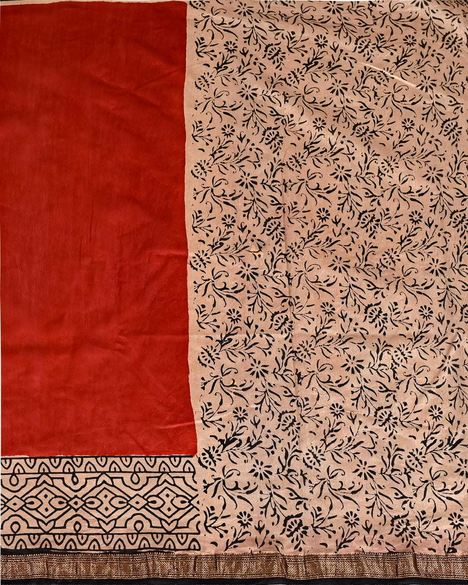 Traditional Pure Maheshwari Silk Handblock Printed Saree - Putaai red and black