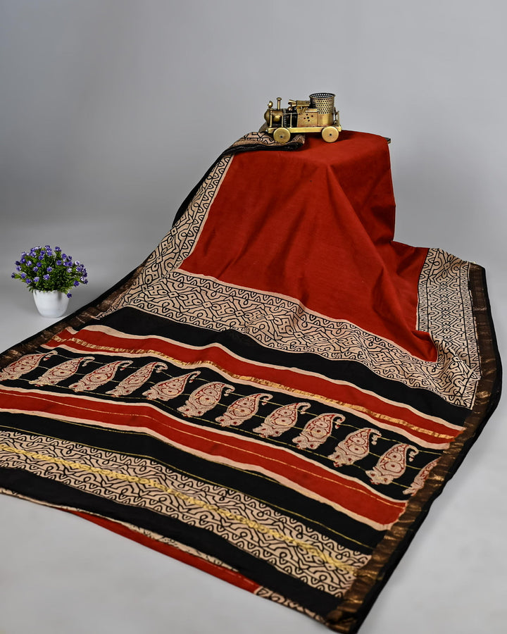 Traditional Pure Maheshwari Silk Handblock Printed Saree - Putaai red and black