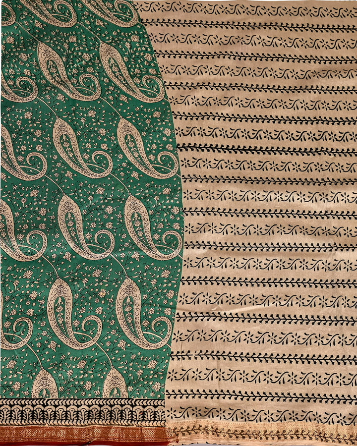 Traditional Pure Maheshwari Silk Handblock Printed Saree - Green with red border