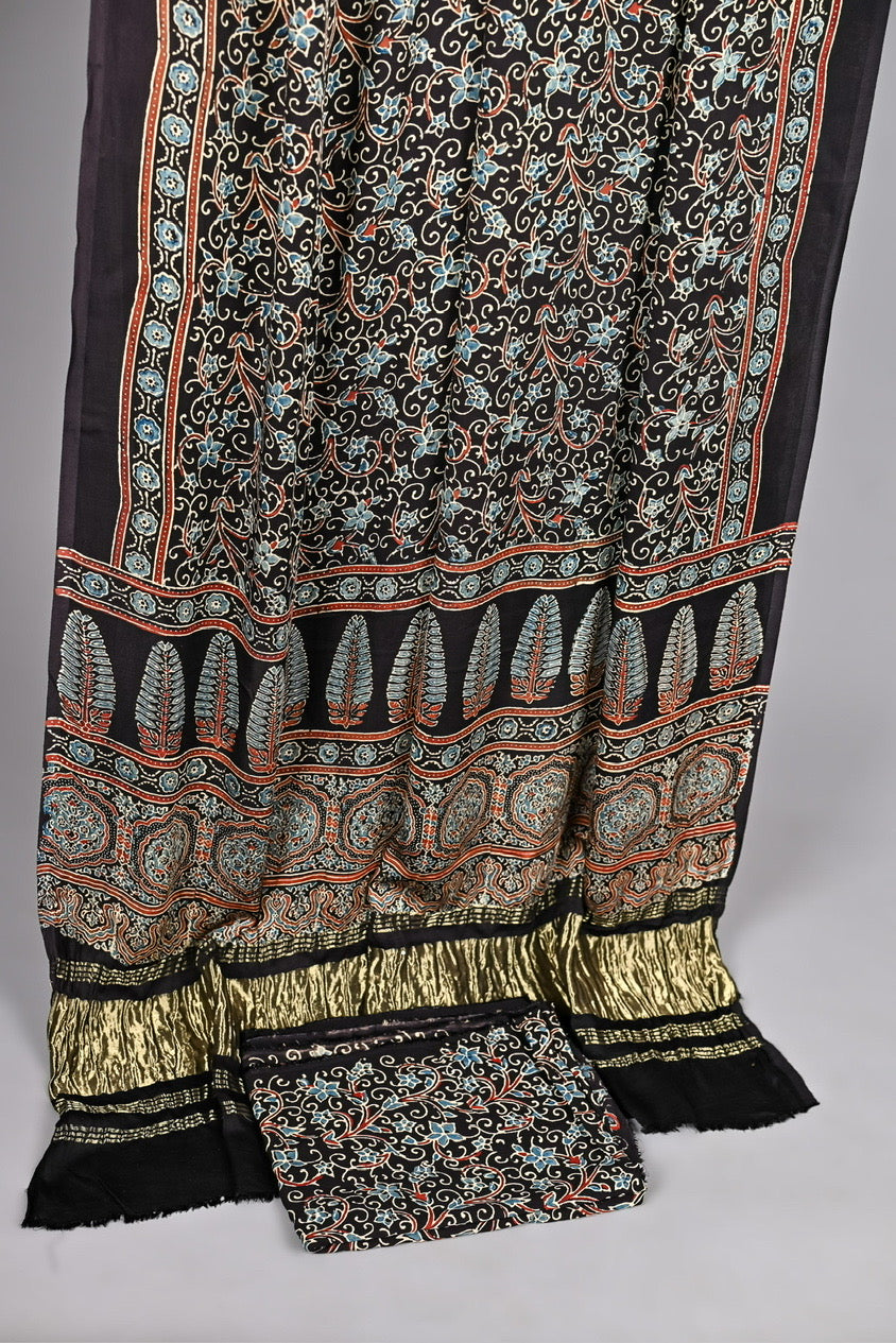 Pure Modal Silk Ajrakh Handblock suit set Jet Black | Traditional Floral & Leaf Motifs with Zari Border Dupatta