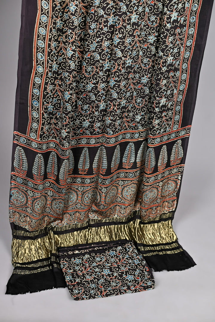 Pure Modal Silk Ajrakh Handblock suit set Jet Black | Traditional Floral & Leaf Motifs with Zari Border Dupatta
