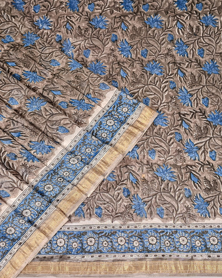 Pure Maheshwari Silk Handblock Printed Saree - Gray Sanganeri