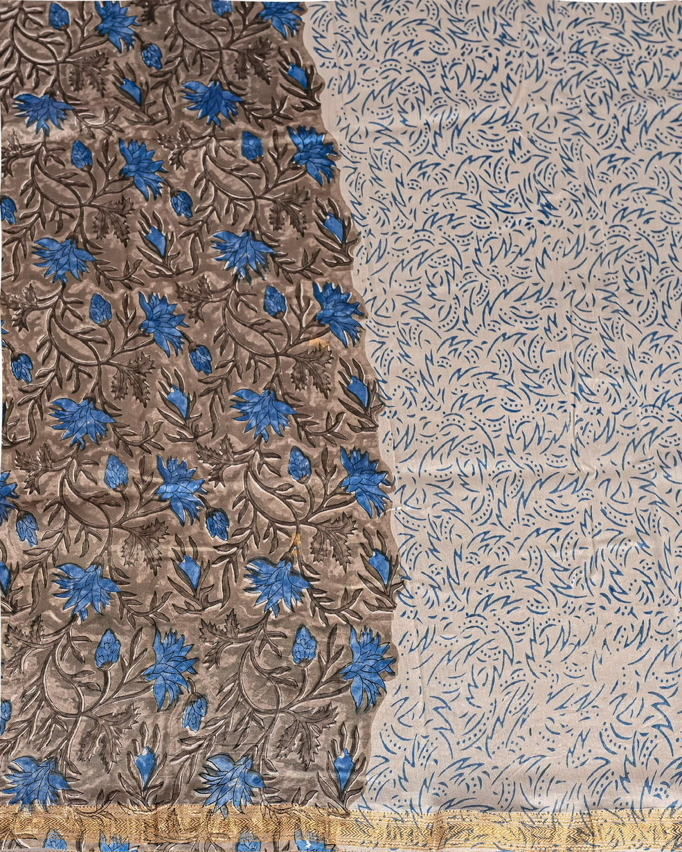 Pure Maheshwari Silk Handblock Printed Saree - Gray Sanganeri