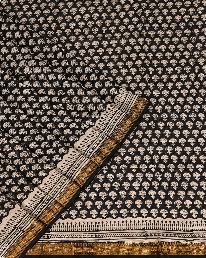 Pure Maheshwari Silk Handblock Printed Saree - Beige And Black