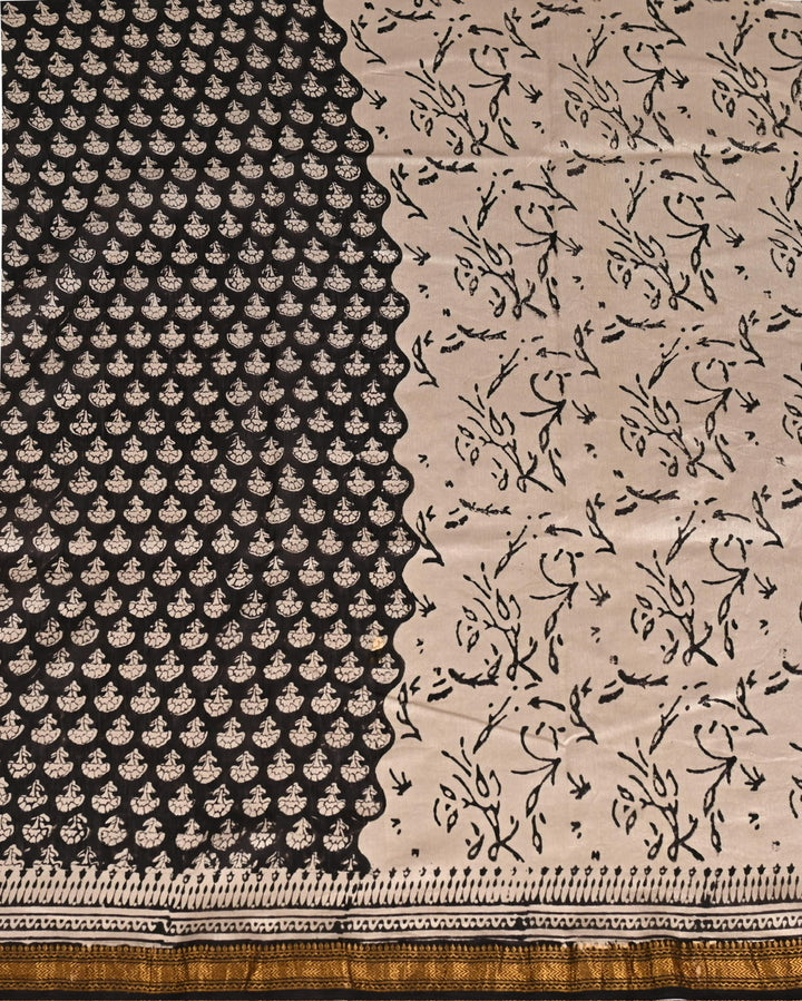 Pure Maheshwari Silk Handblock Printed Saree - Beige And Black