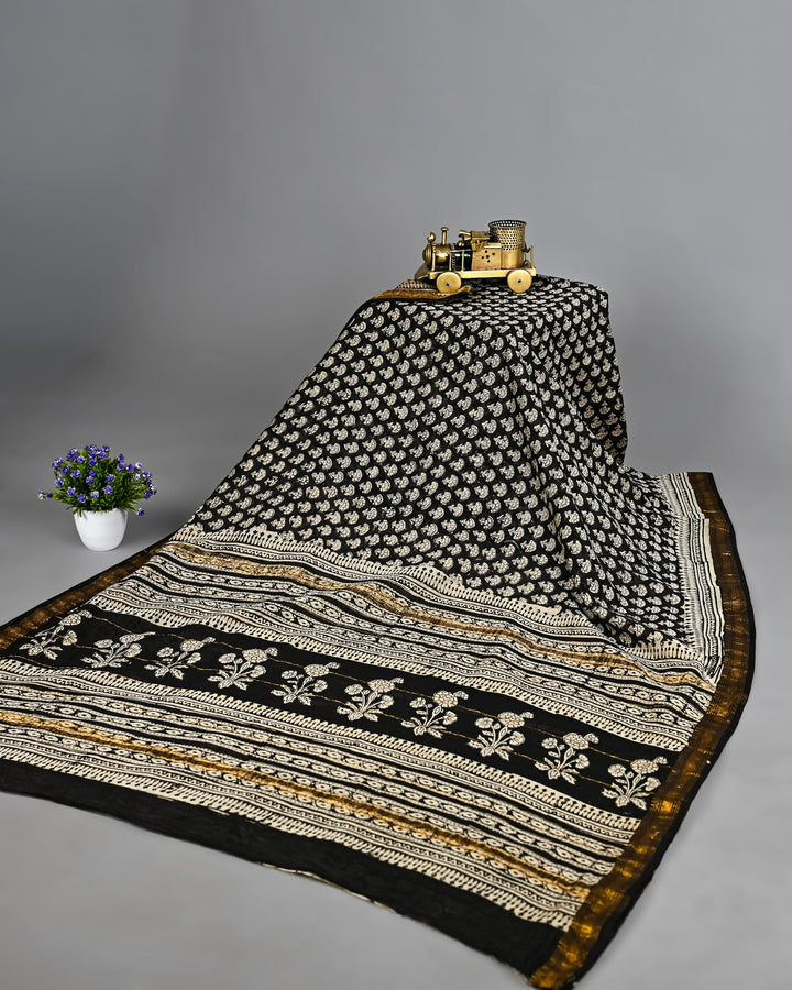 Pure Maheshwari Silk Handblock Printed Saree - Beige And Black