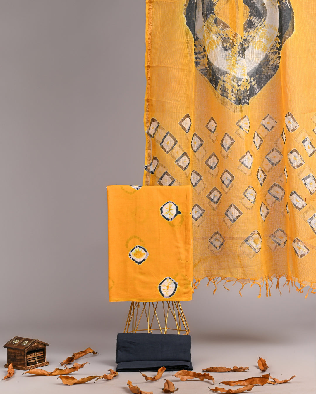 Mustard Yellow Tie-Dye Handblock Cotton Suit with Kota Doria Dupatta – 3 Piece Set