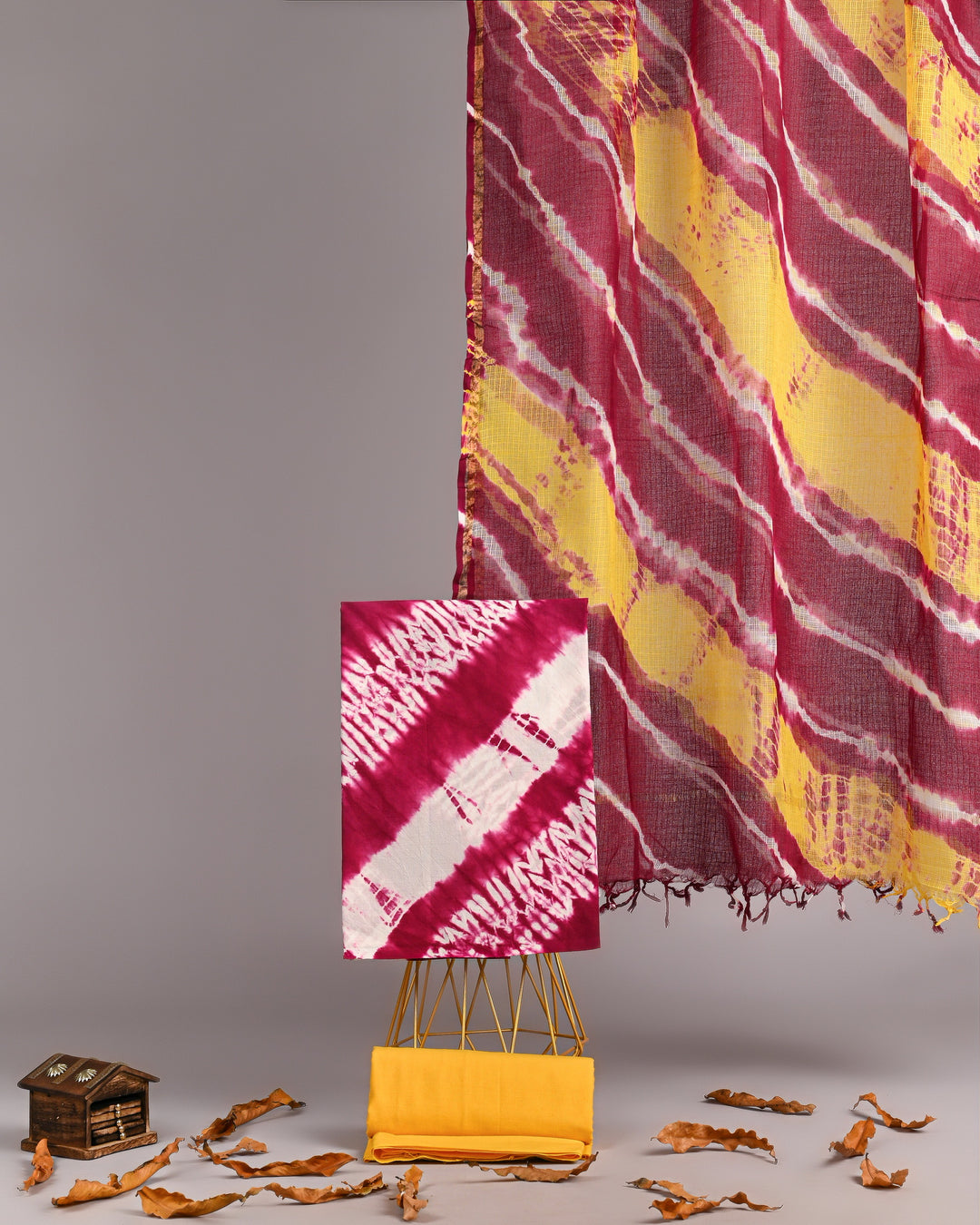 Rani Pink Leheriya Style Cotton Suit Set with Kota Doria Dupatta (Handblock Printed)