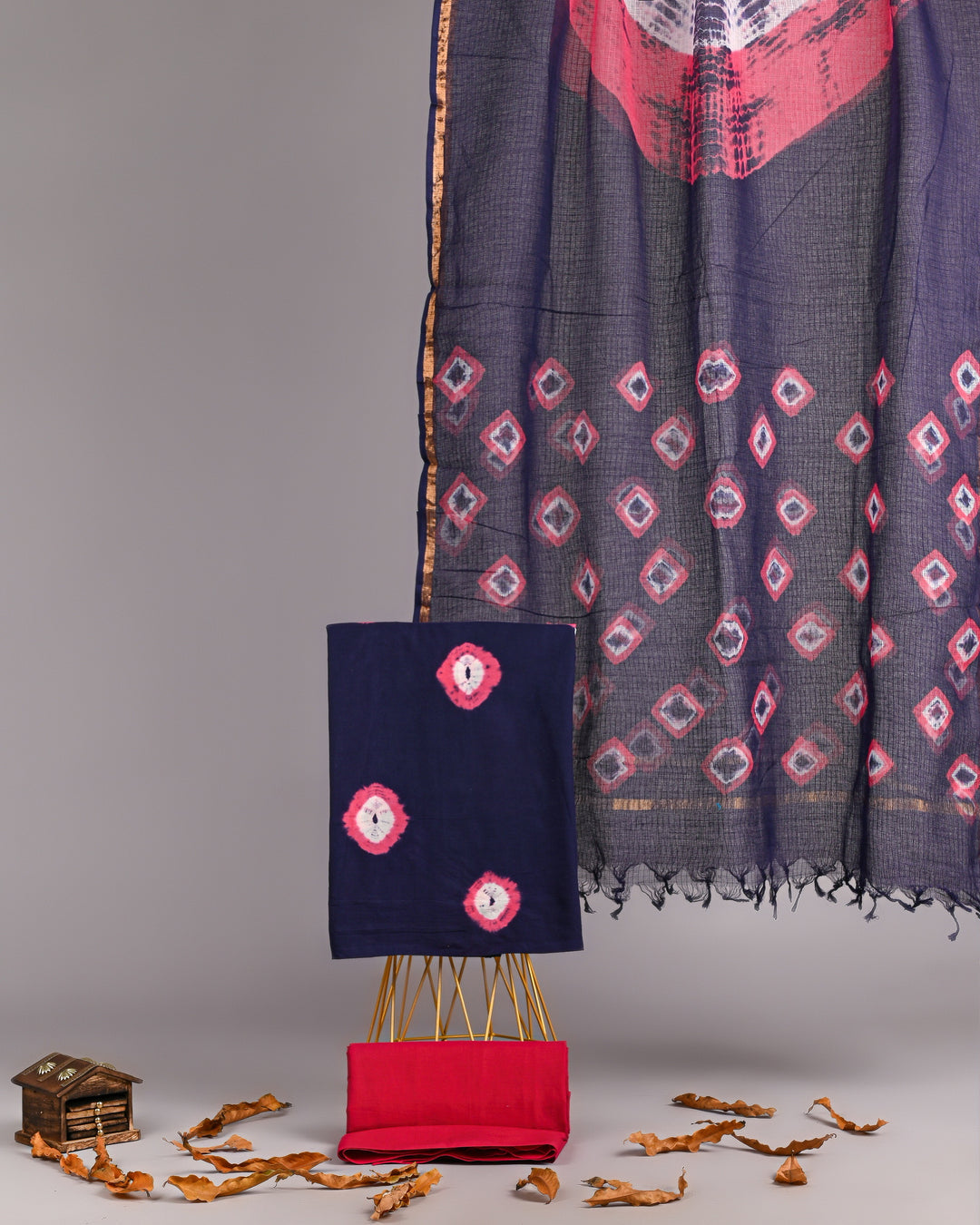 Navy Blue Shibori Print Cotton Suit with Kota Doria Dupatta – Premium 3 Piece