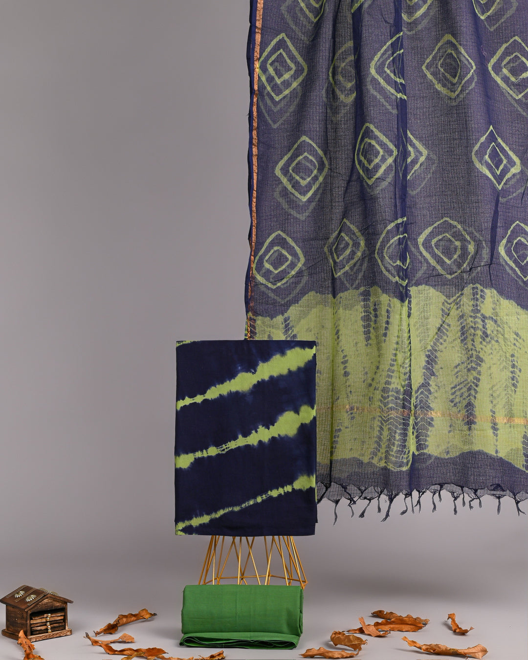 Indigo Green Handblock Printed Cotton Suit Set with Kota Doria Dupatta
