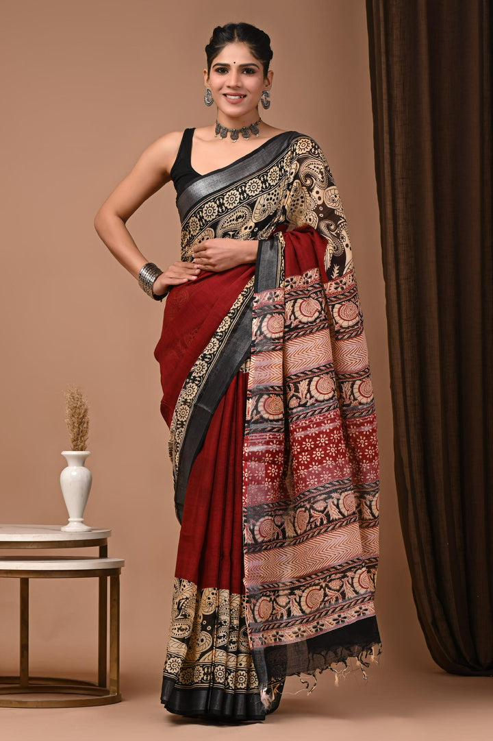 Putaai Linen cotton Handblock printed saree with blouse piece - Red and Black