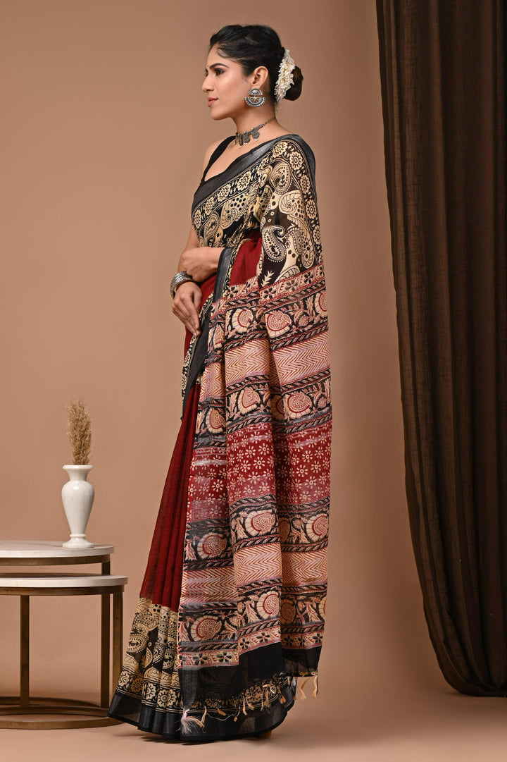 Putaai Linen cotton Handblock printed saree with blouse piece - Red and Black