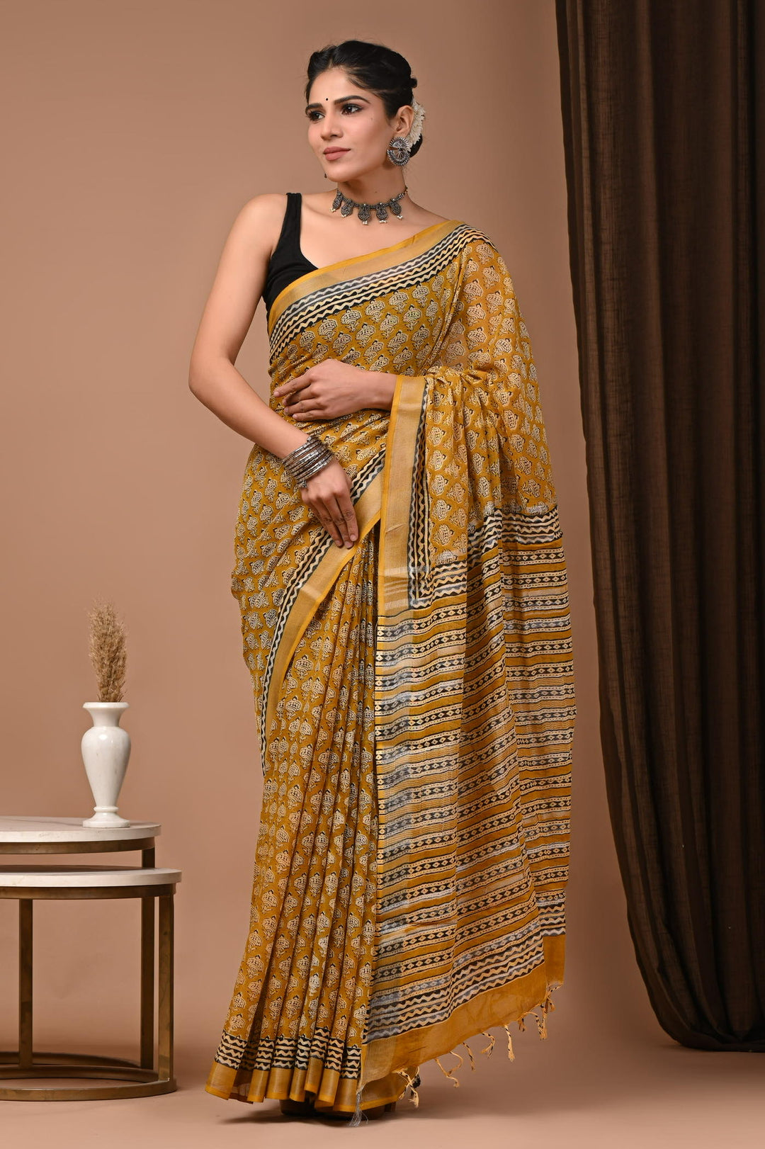 Linen cotton Handblock printed saree with blouse piece - Mastarad bagru