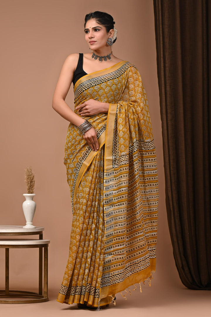 Linen cotton Handblock printed saree with blouse piece - Mastarad bagru