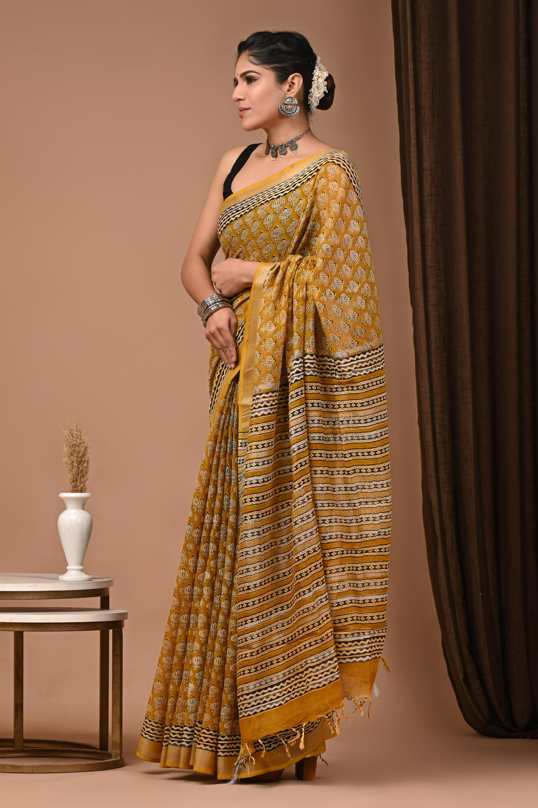 Linen cotton Handblock printed saree with blouse piece - Mastarad bagru