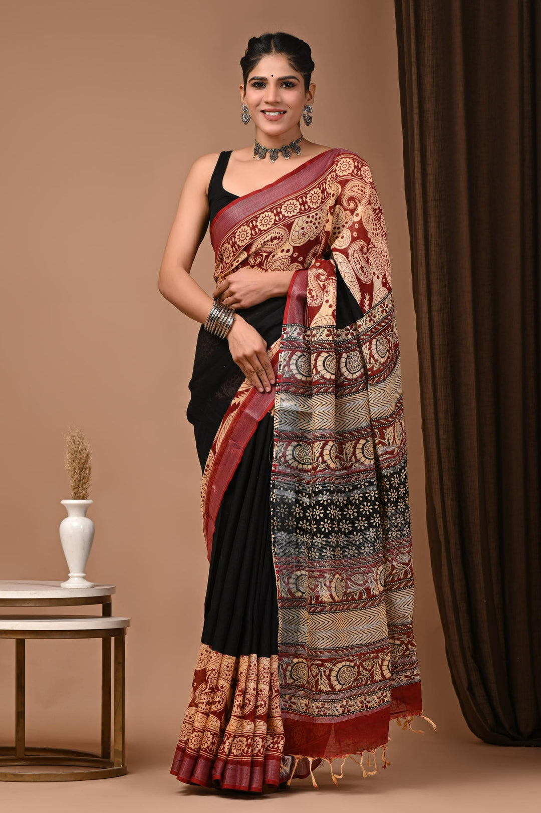 Desginer Bagru Linen cotton Handblock printed saree with blouse piece