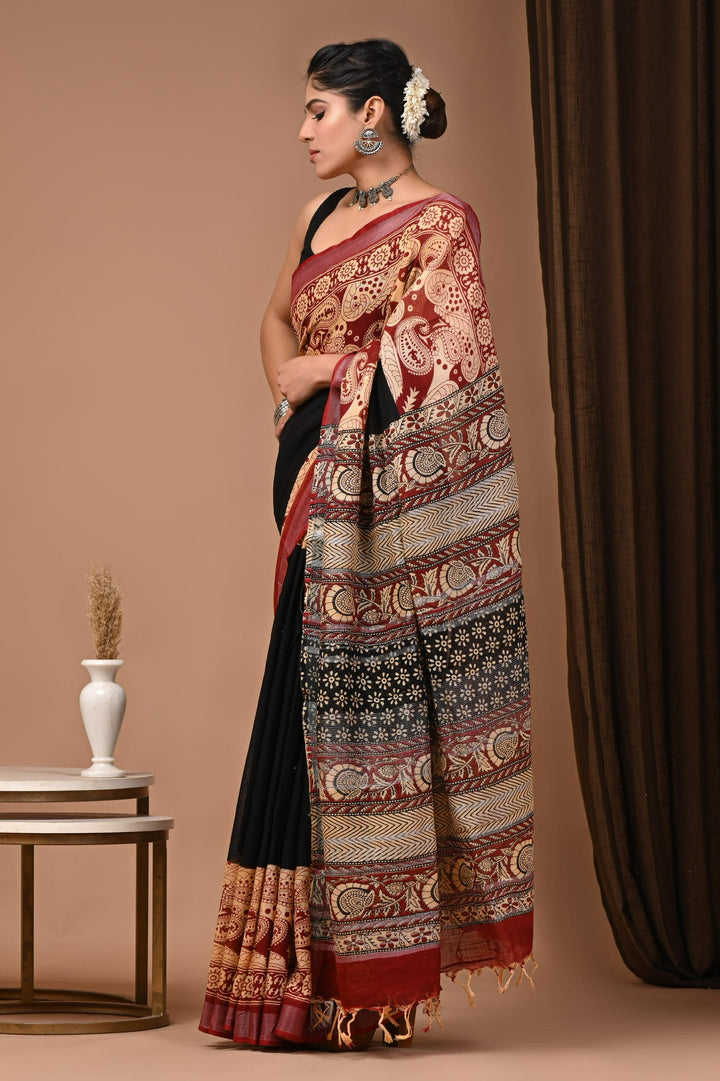 Desginer Bagru Linen cotton Handblock printed saree with blouse piece
