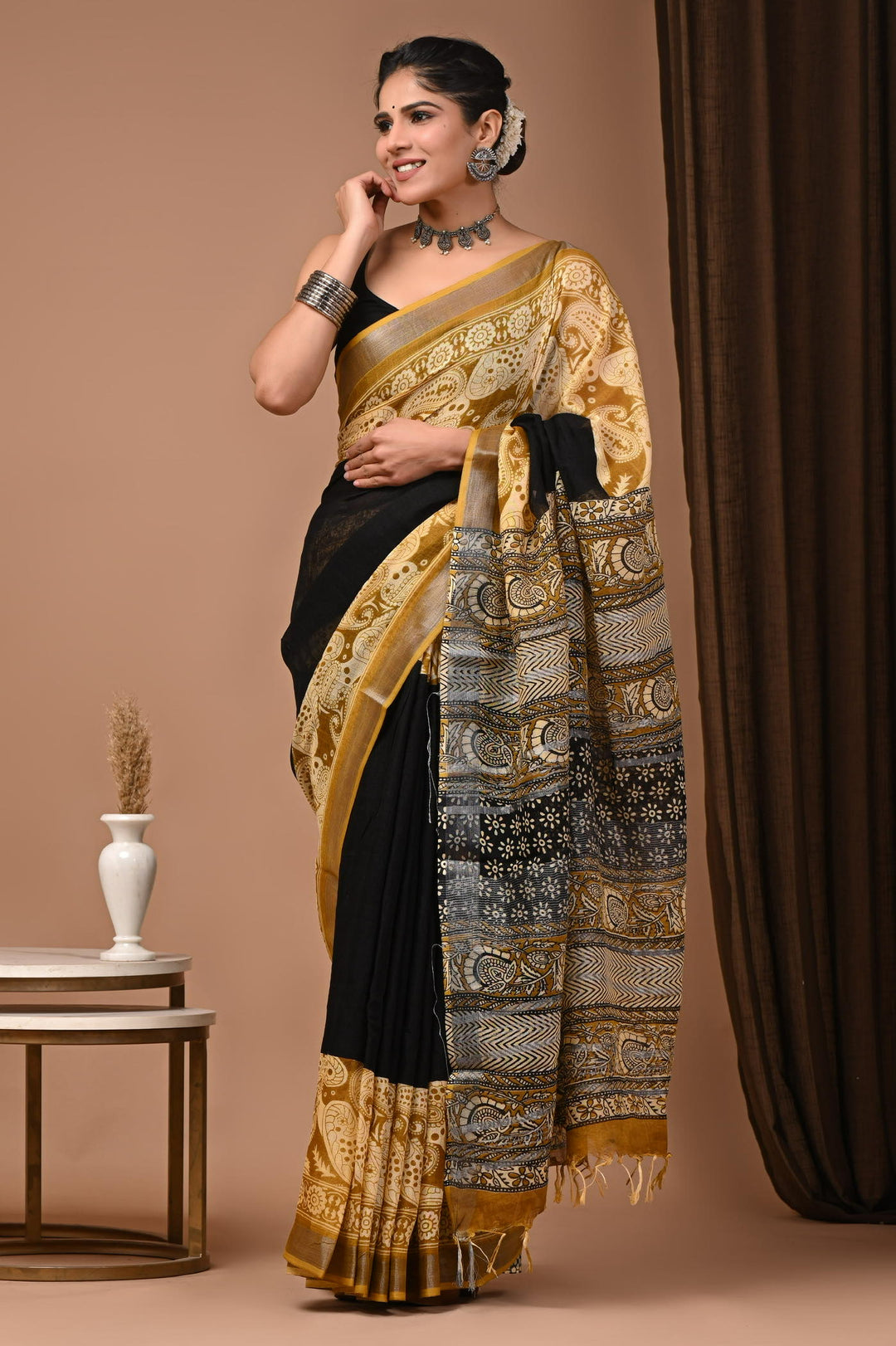 Putaai Linen cotton Handblock printed saree with blouse piece - Black and Mustard