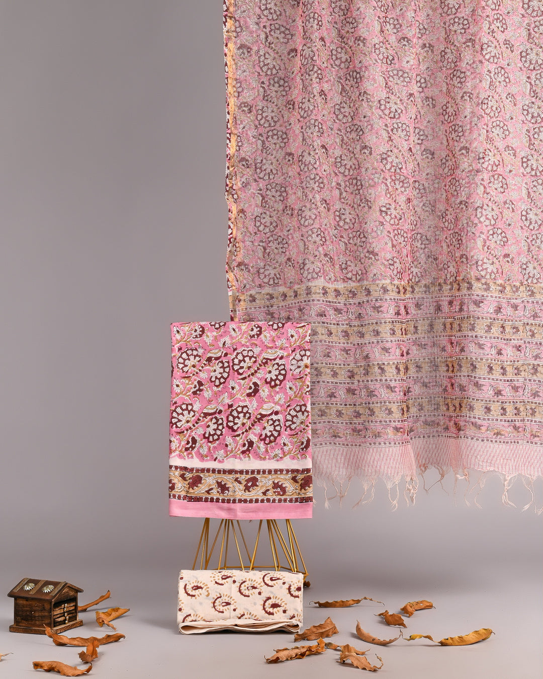 Soft Pink Traditional Handblock Cotton Suit Set with Kota Doria Dupatta