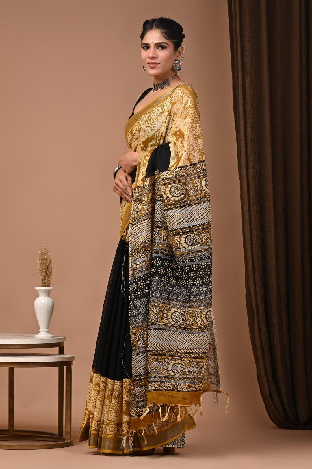 Putaai Linen cotton Handblock printed saree with blouse piece - Black and Mustard