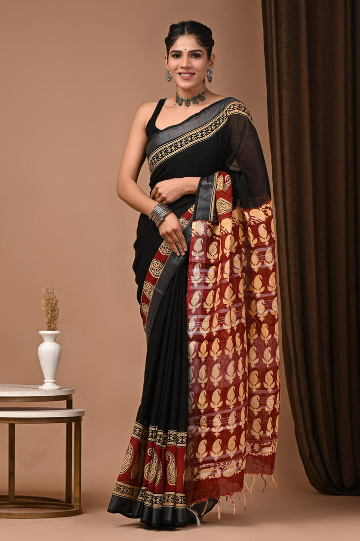 Putaai Linen cotton Handblock printed saree with blouse piece - Black & Red