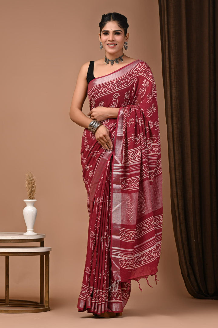 Linen cotton Handblock printed saree with blouse piece - Brick Red