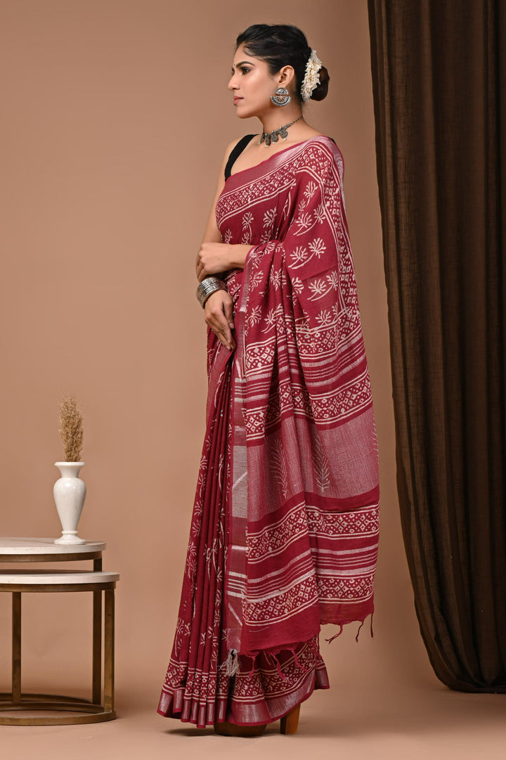 Linen cotton Handblock printed saree with blouse piece - Brick Red