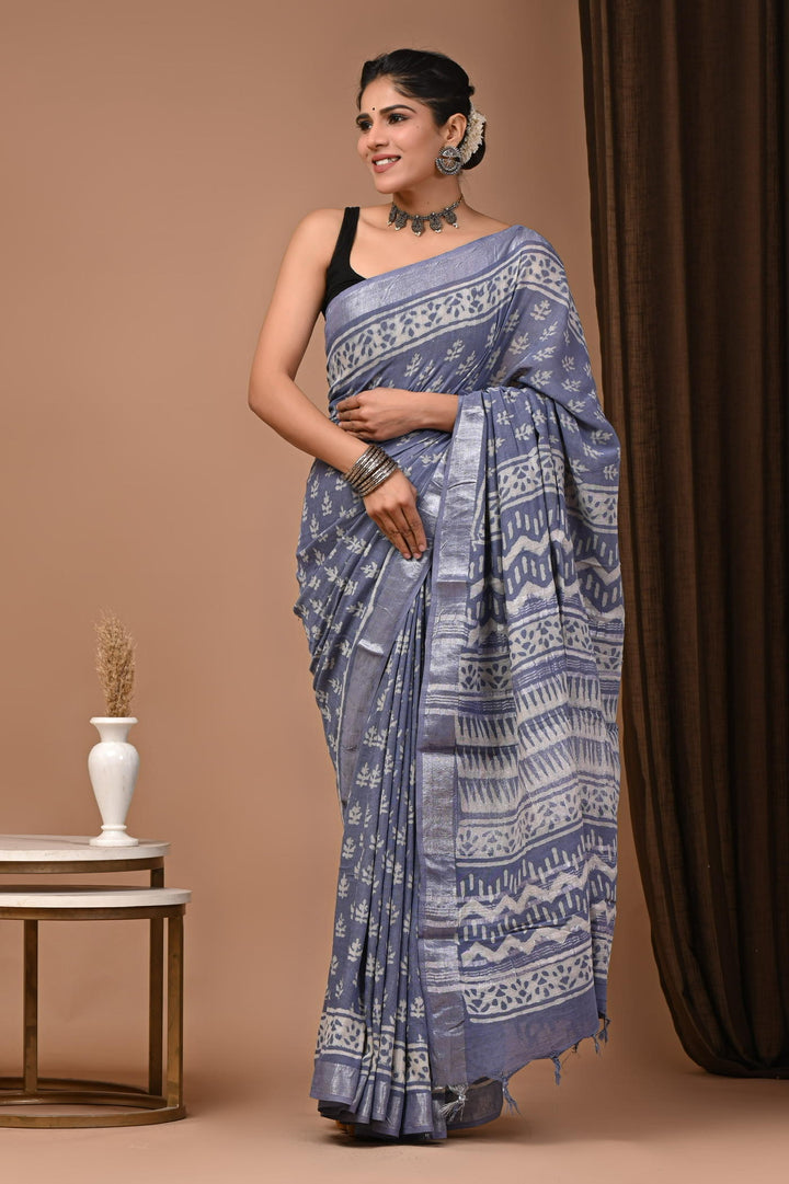 Linen cotton Handblock printed saree with blouse piece - Teal Gray