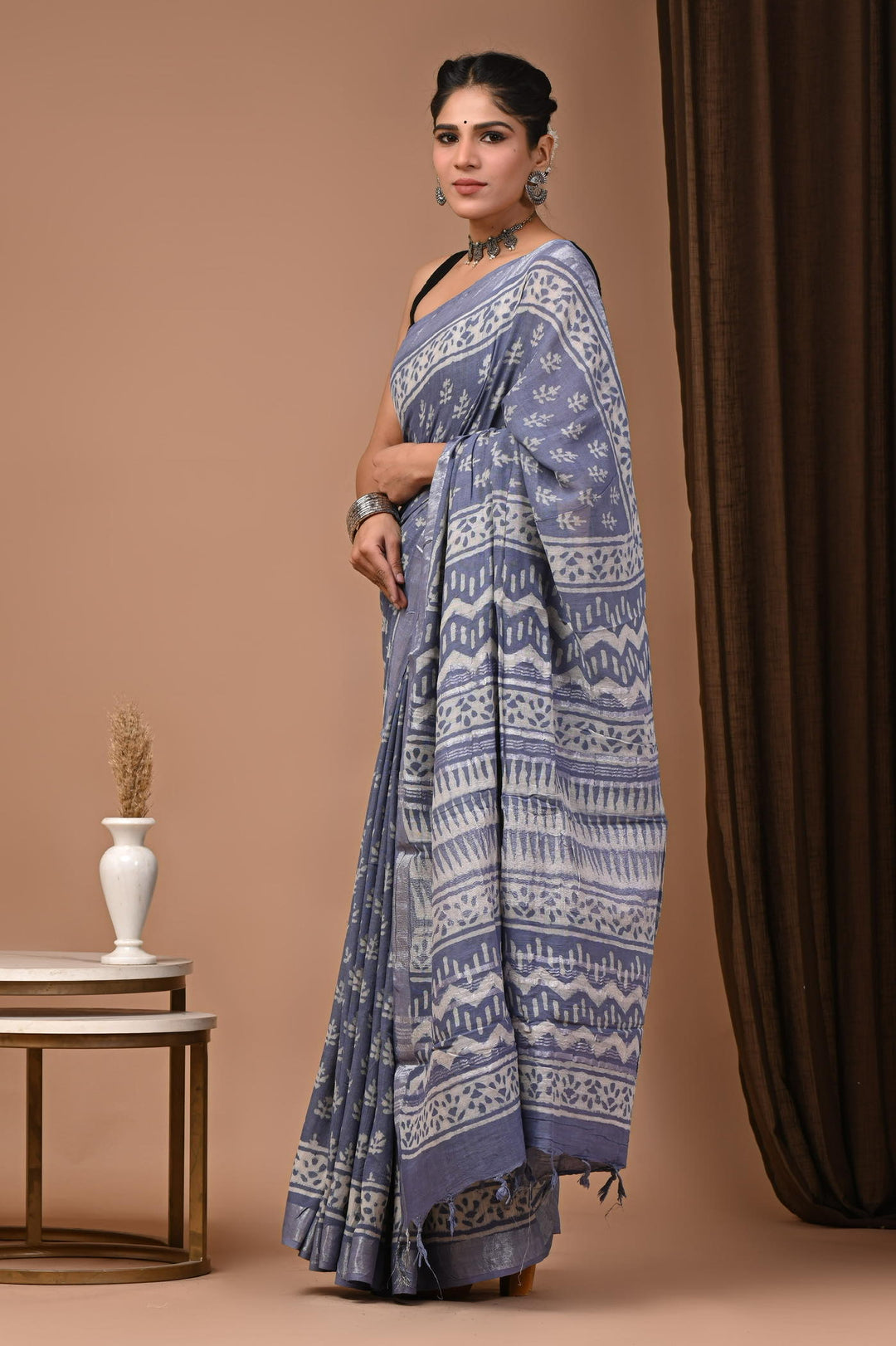 Linen cotton Handblock printed saree with blouse piece - Teal Gray