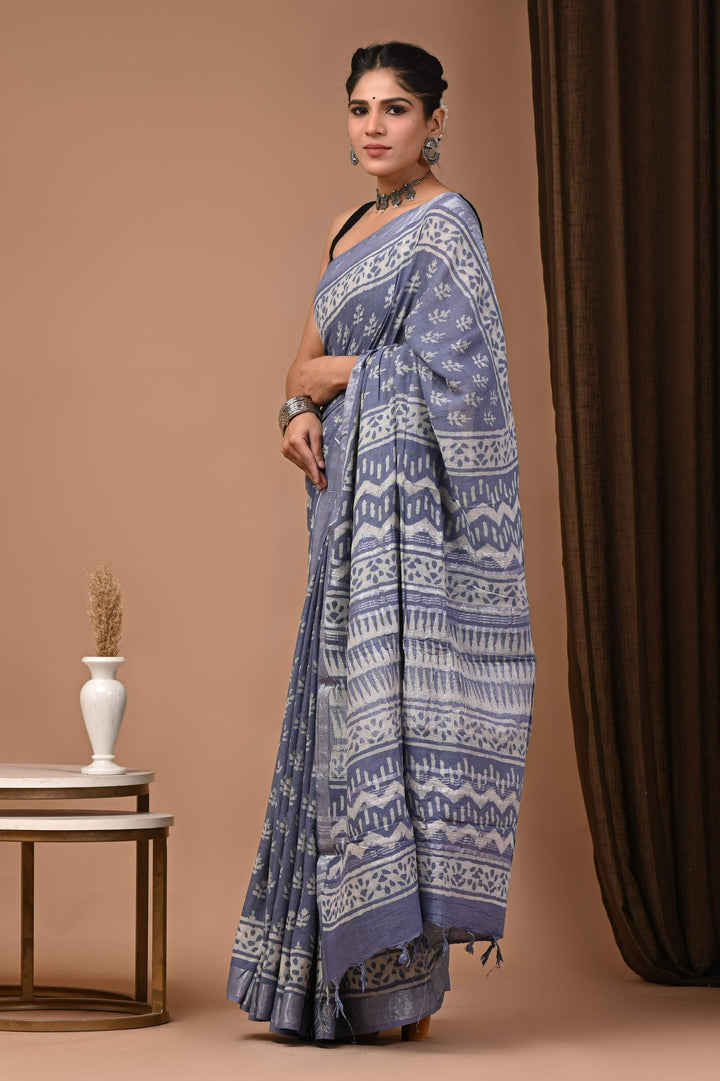 Linen cotton Handblock printed saree with blouse piece - Teal Gray