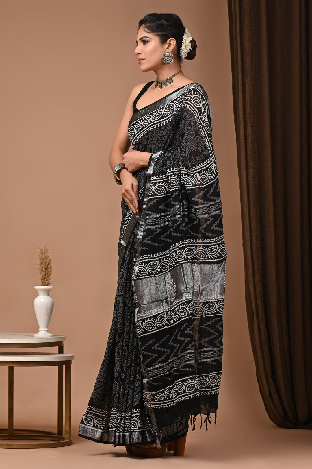 Linen cotton Handblock printed saree with blouse piece
