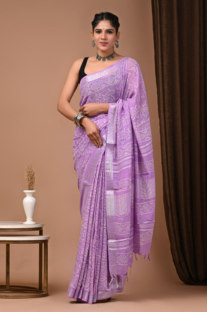Linen cotton Handblock printed saree with blouse piece - Light Purple