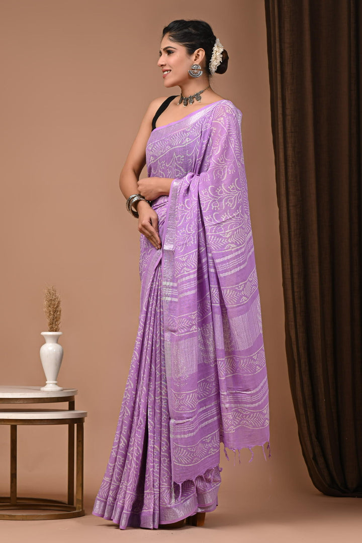 Linen cotton Handblock printed saree with blouse piece - Light Purple