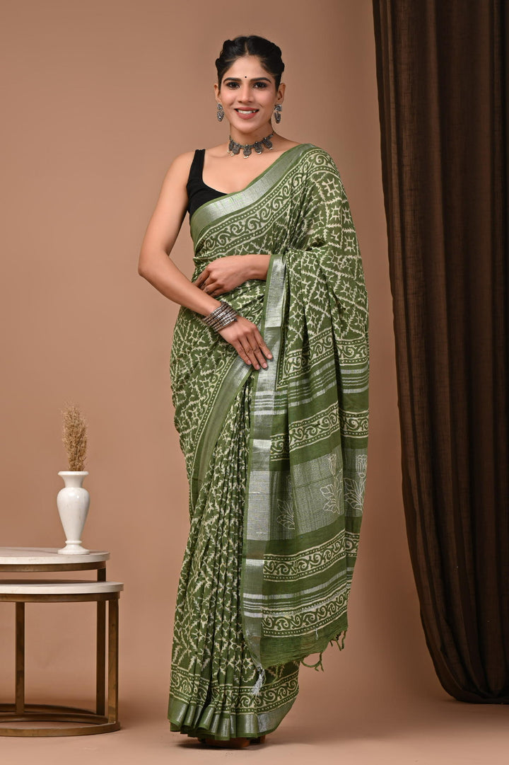 Linen cotton Handblock printed saree with blouse piece - Mehandi Green