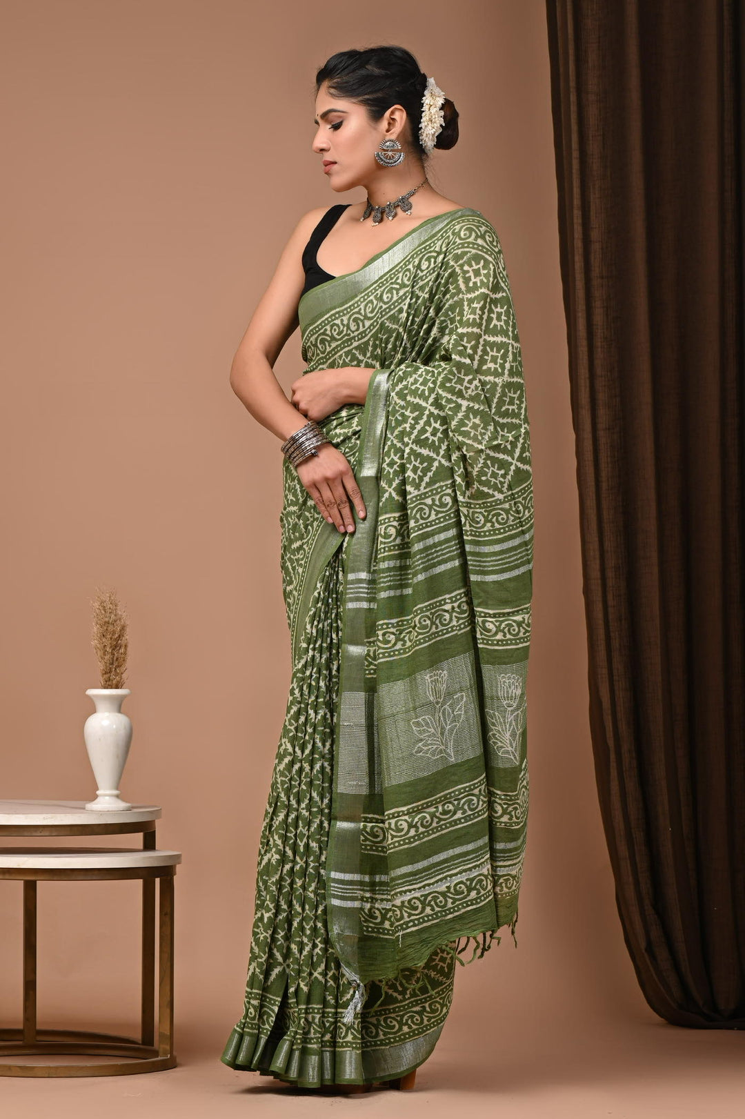 Linen cotton Handblock printed saree with blouse piece - Mehandi Green