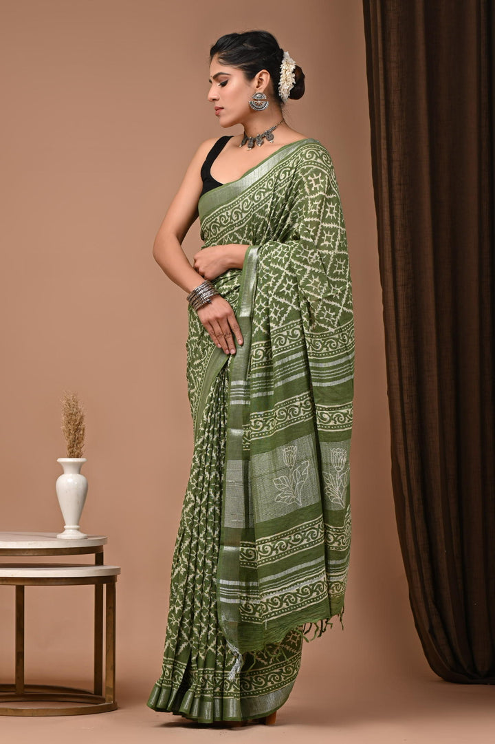Linen cotton Handblock printed saree with blouse piece - Mehandi Green