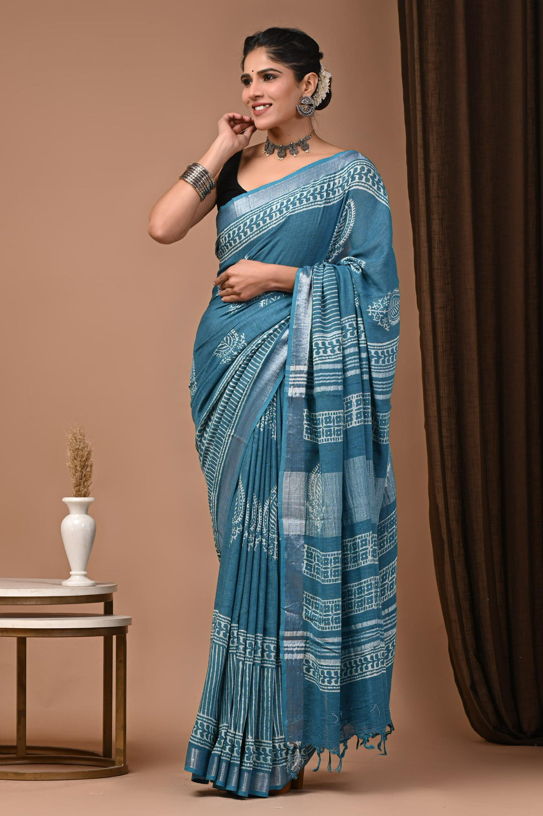Linen cotton Handblock printed saree with blouse piece - Teal Blue