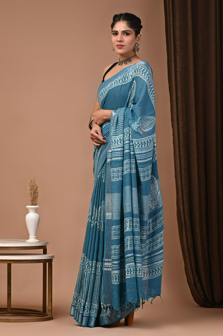 Linen cotton Handblock printed saree with blouse piece - Teal Blue