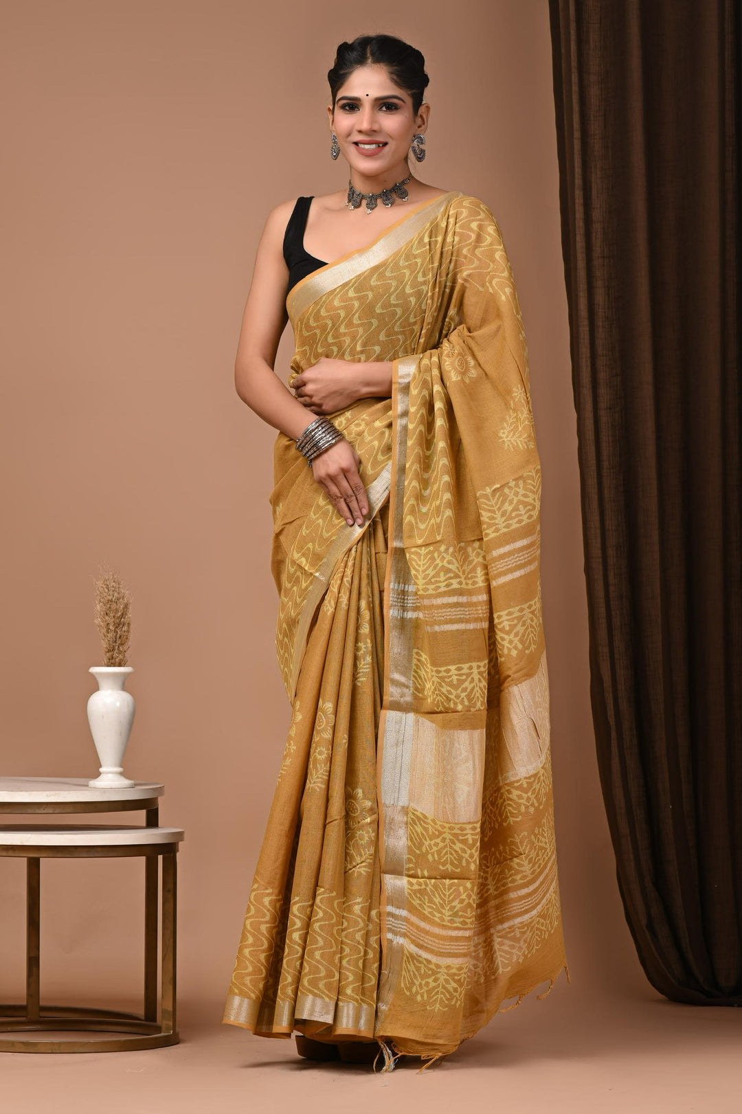 Linen cotton Handblock printed saree with blouse piece - self dyed
