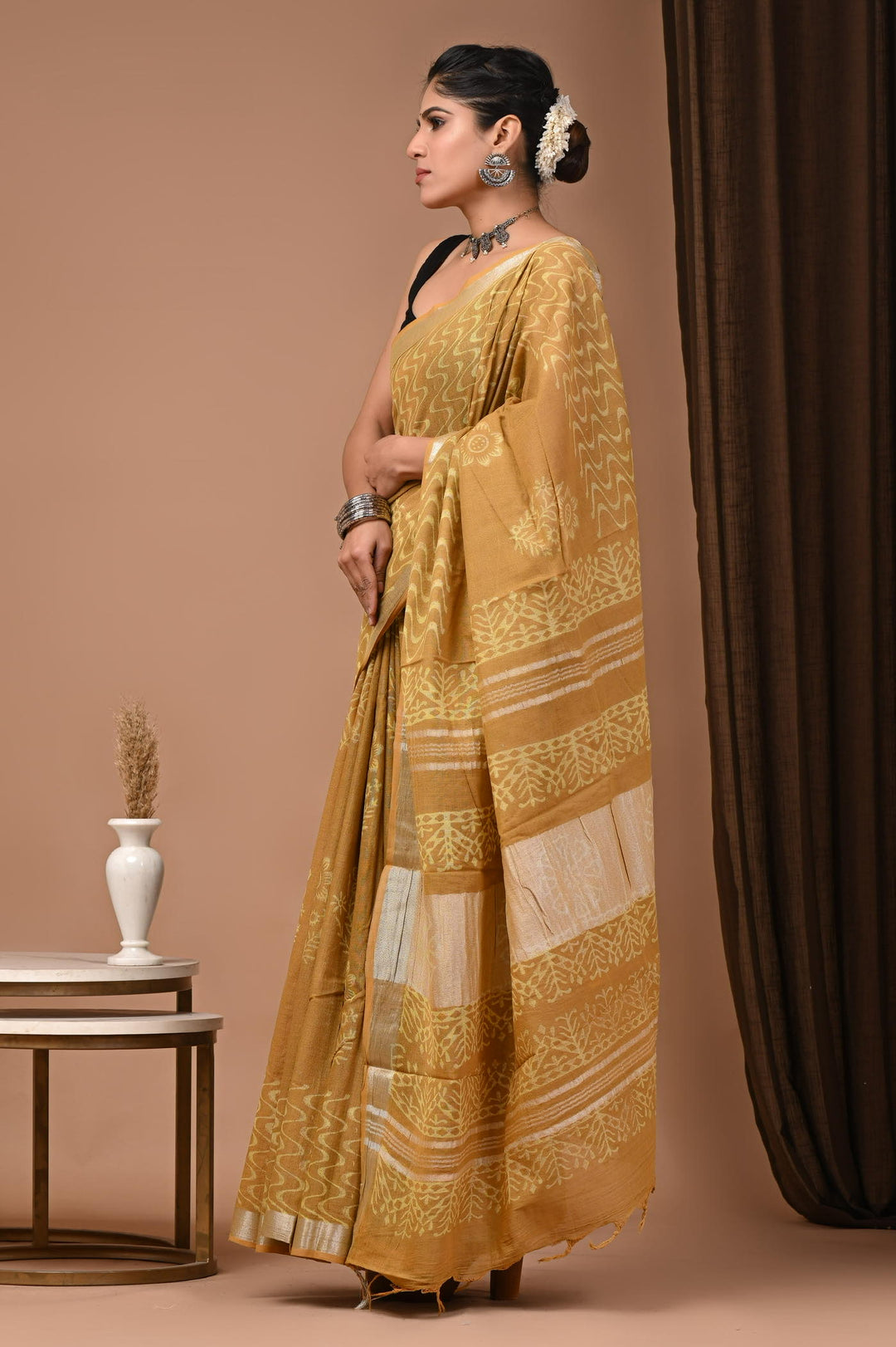 Linen cotton Handblock printed saree with blouse piece - self dyed