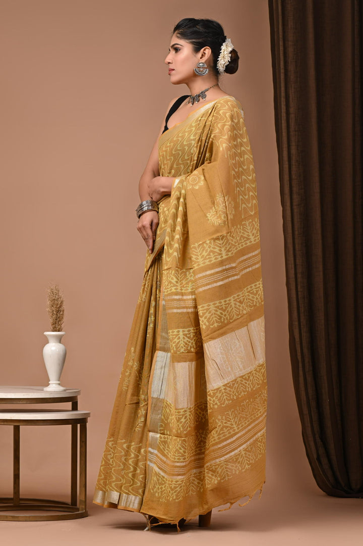 Linen cotton Handblock printed saree with blouse piece - self dyed