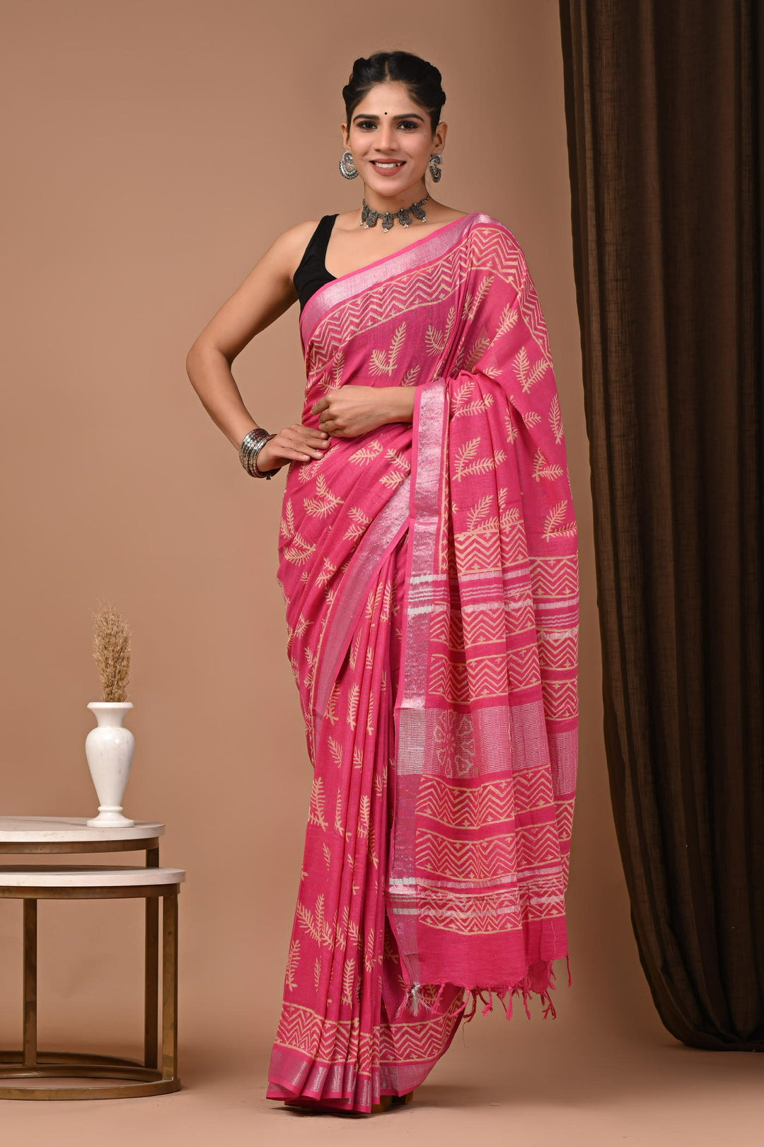 Linen cotton Handblock printed saree with blouse piece - Hot pink