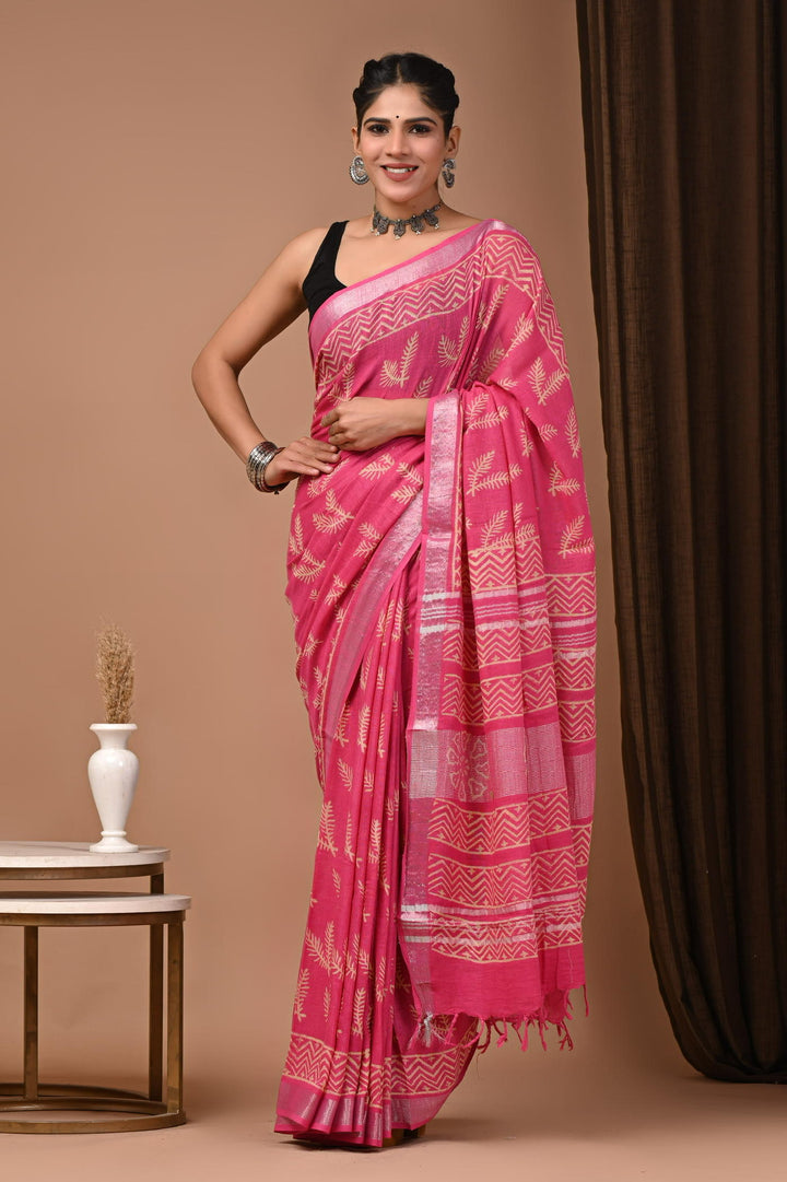 Linen cotton Handblock printed saree with blouse piece - Hot pink
